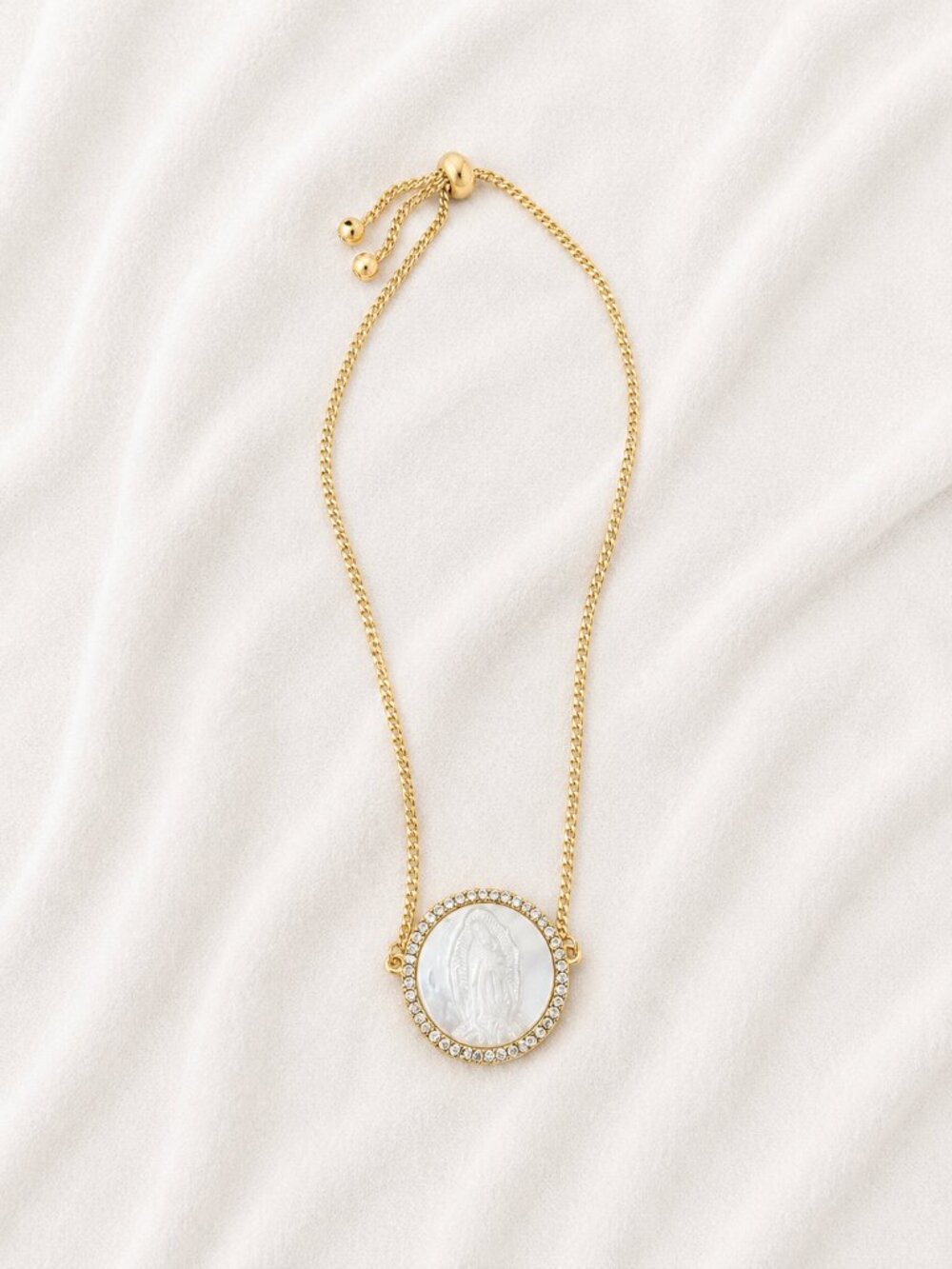 Virgin Mary Adjustable Bracelet | Gold Tone | Mother of Pearl & Rhinestones